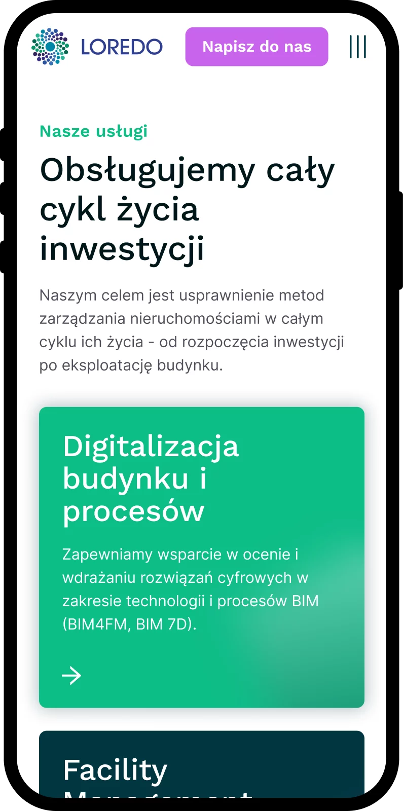 Strona Loredo Res — widok mobilny, sekcja usług FM