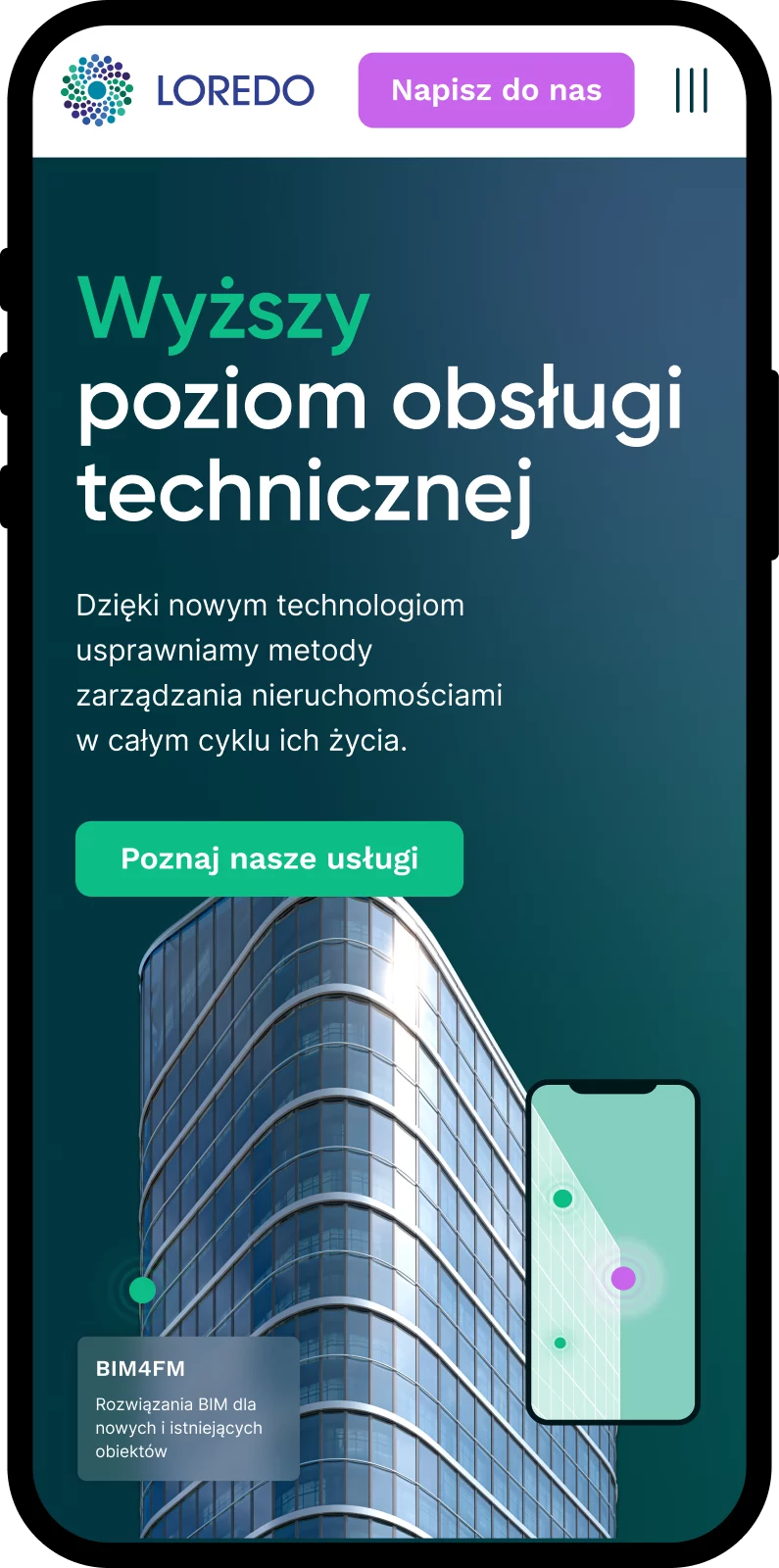Strona Loredo Res — widok mobilny, sekcja hero