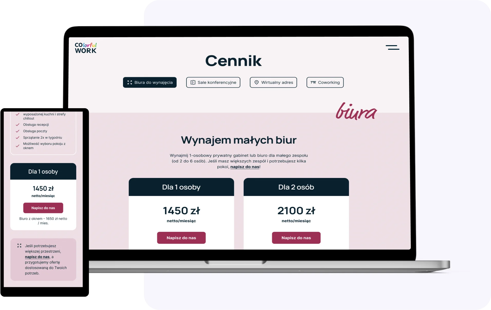Cennik coworkingu Colorful Work — projekt graficzny czytelnego pricing table