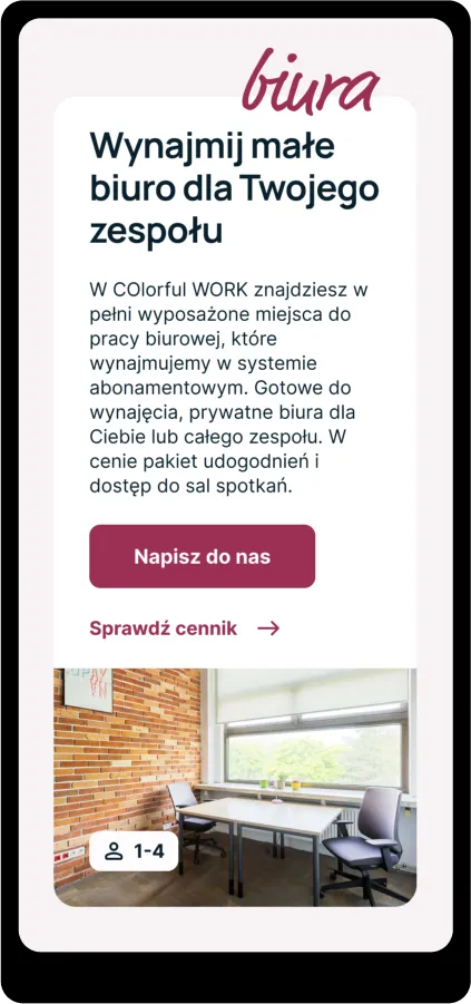 Strona dla coworkingu — widok na telefonie, sekcja z ofertą
