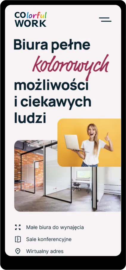 Strona dla coworkingu — widok na telefonie, oferta wynajmu