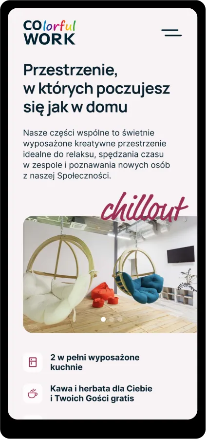 Strona dla coworkingu — widok na telefonie, sekcja hero