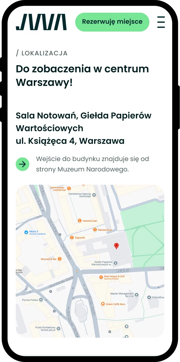 Landing page na wydarzenie — widok mobilny, miejsce wydarzenia