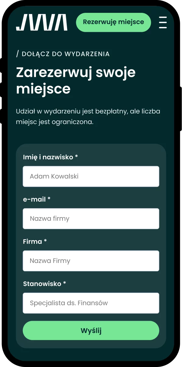 Landing page na wydarzenie — widok mobilny, formularz kontaktowy