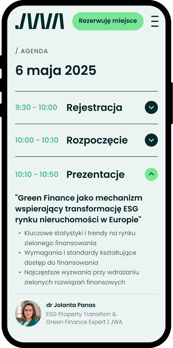 Landing page na wydarzenie — widok mobilny, agenda konferencji