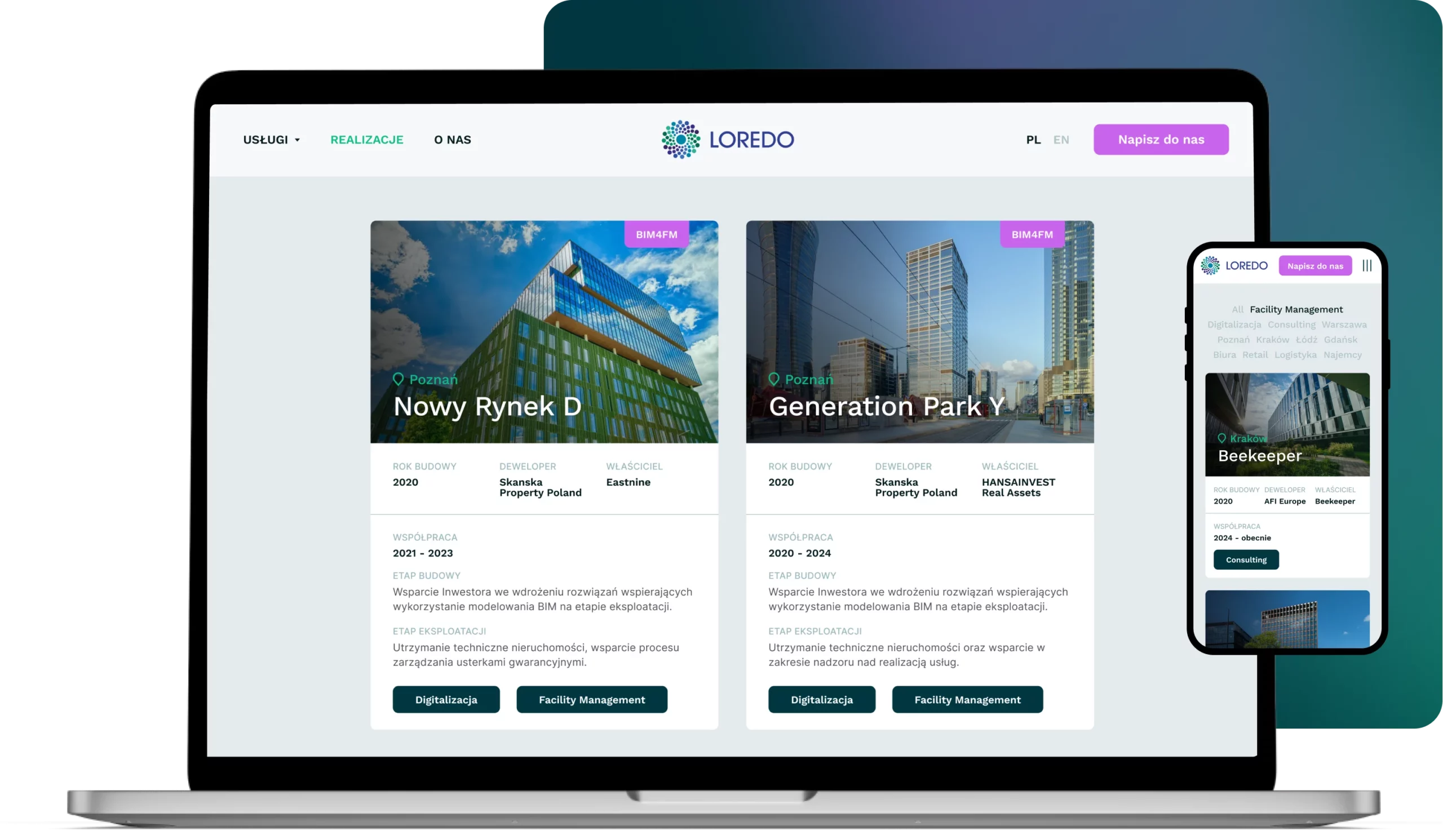 Filtrowane portfolio zarządzanych nieruchomości — strona Loredo Res