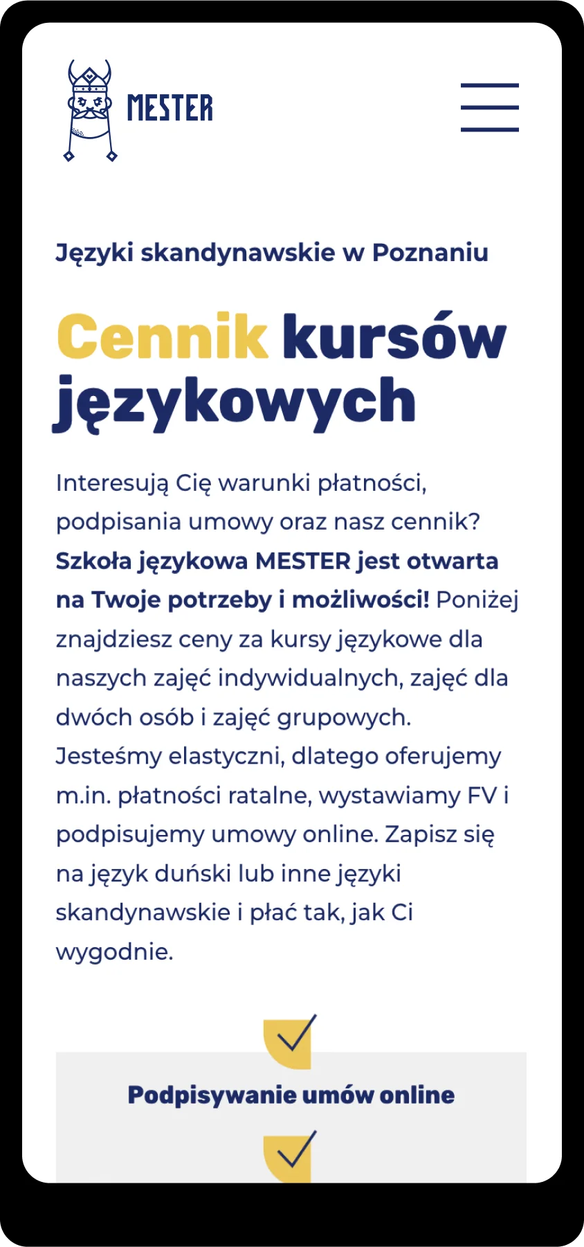 Strona dla szkoły językowej - widok na telefon