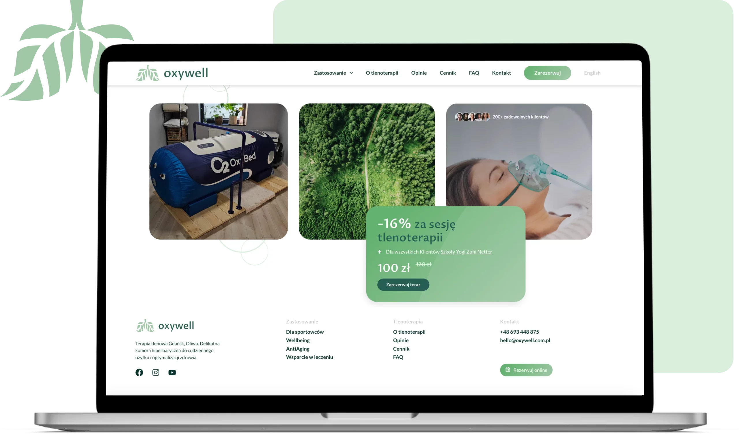 landing page Oxywell — widok laptopa, sekcja oferty i cennika