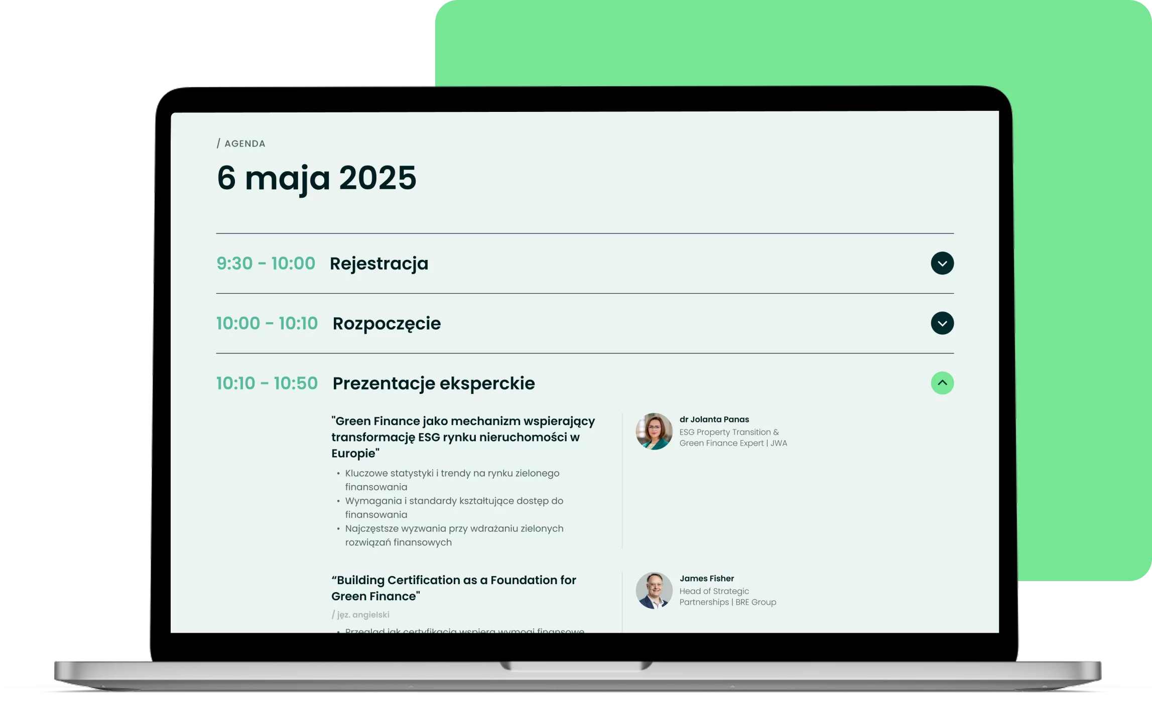 Landing page na wydarzenie — sekcja agendy konferencji Green Finance 2025