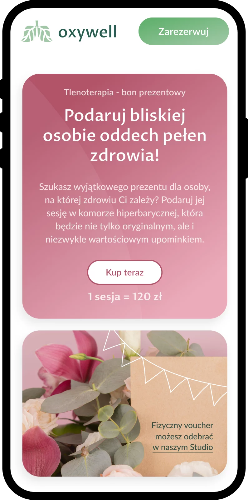 landing page Oxywell — widok mobilny, voucher