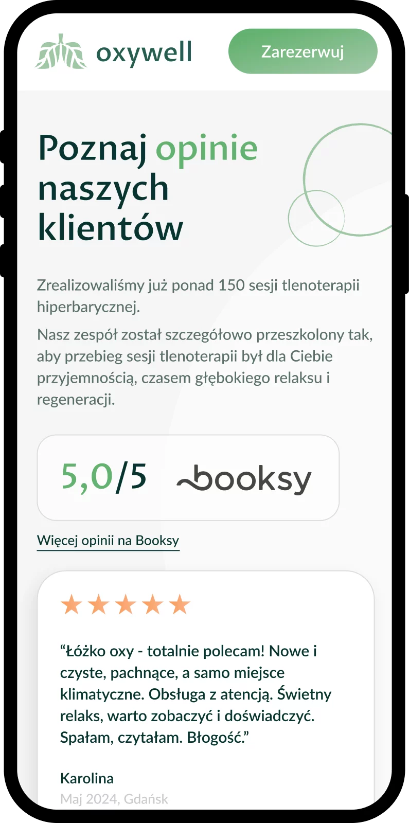landing page Oxywell — widok mobilny, opinie Booksy