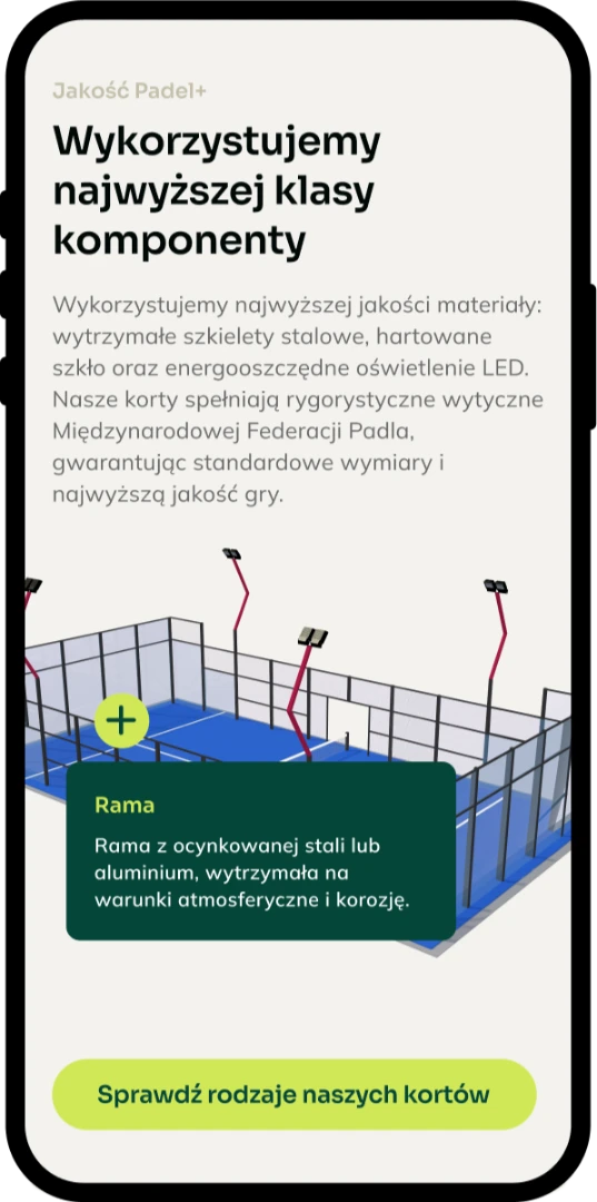 Strona dla producenta kortów do padla — widok mobilny, oferta kortów