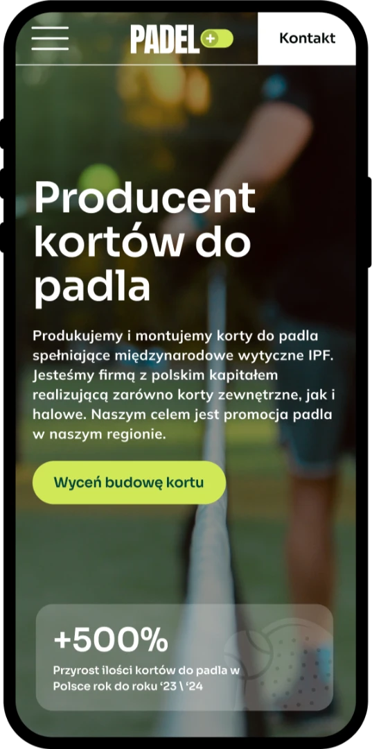Strona dla producenta kortów do padla — widok mobilny, sekcja hero