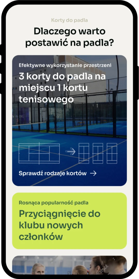 Strona dla producenta kortów do padla — widok mobilny, konwersja kortu tenisowego