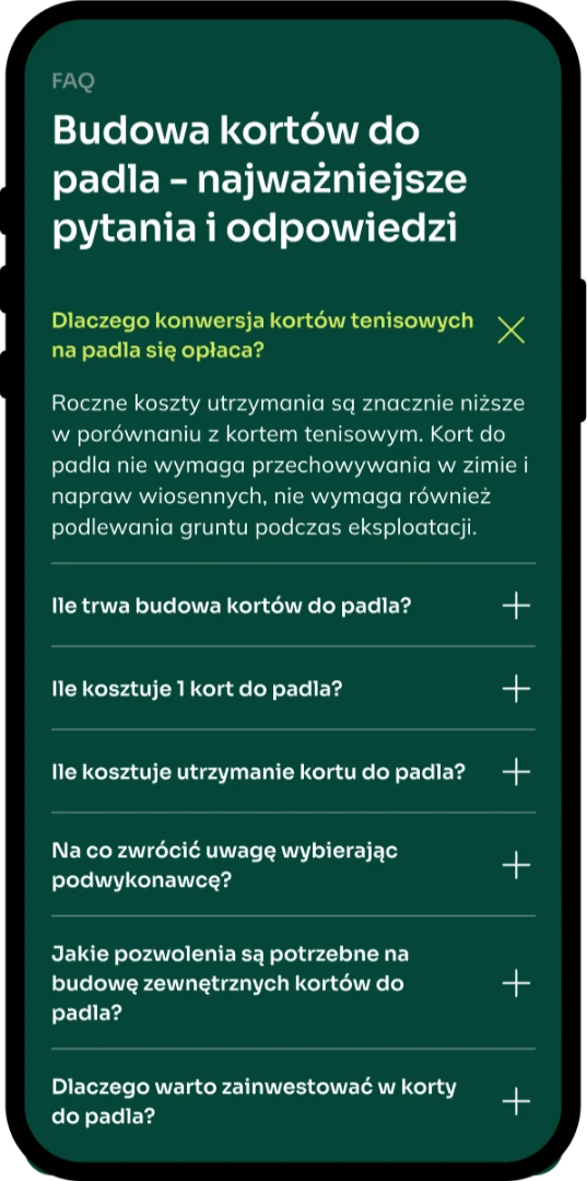 Strona dla producenta kortów do padla — widok mobilny, sekcja FAQ