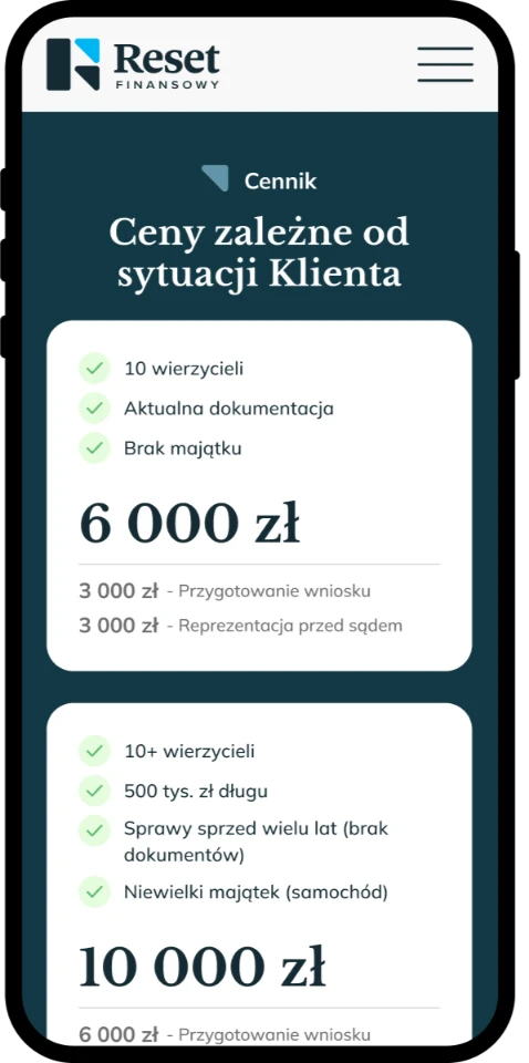 Landing page dla kancelarii — widok mobilny, cennik