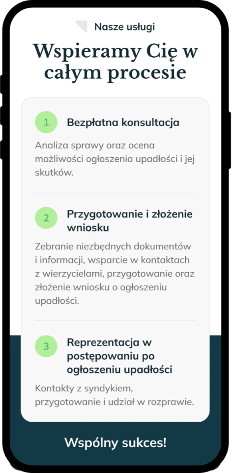 Landing page dla kancelarii — widok mobilny, sekcja procesu