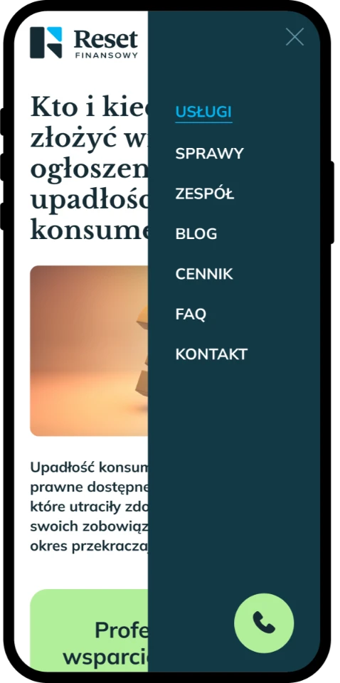 Landing page dla kancelarii — menu mobilne