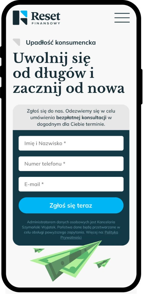 Landing page dla kancelarii — widok mobilny, sekcja hero z formularzem