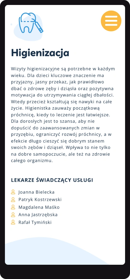 strona dla stomatologa - widok na telefon