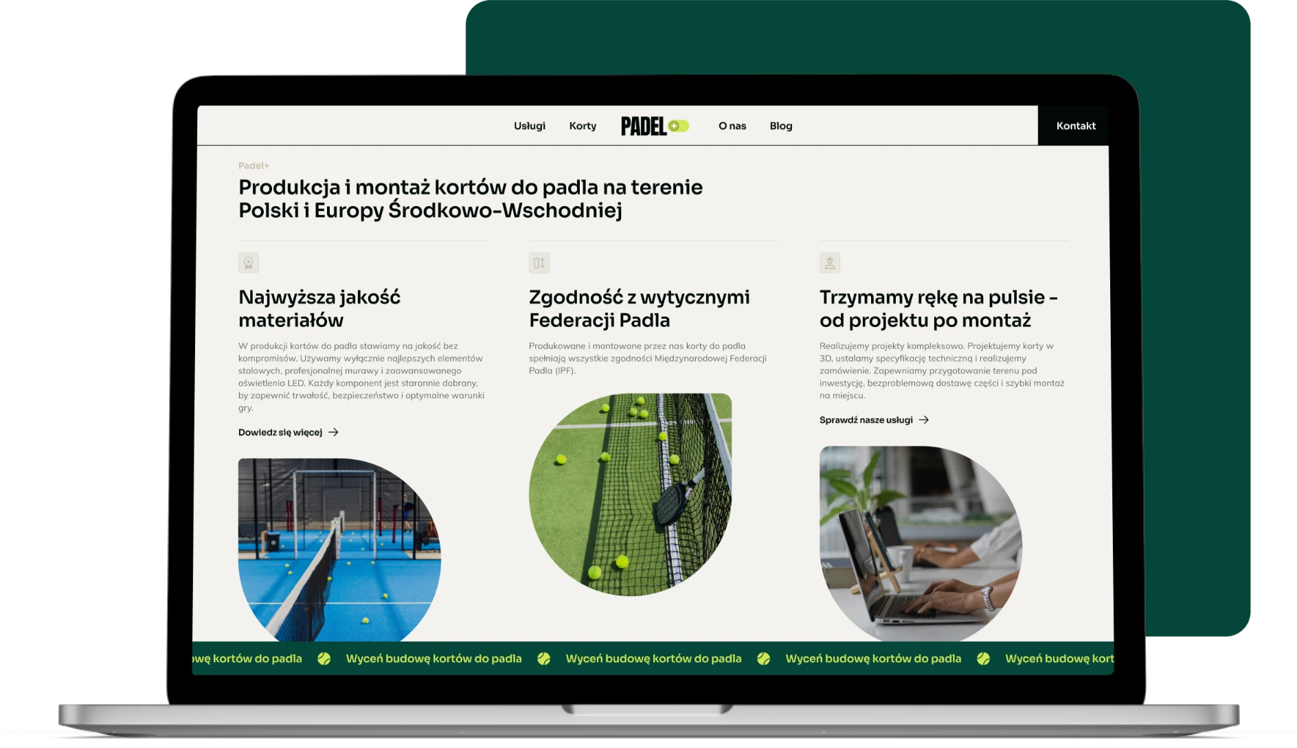 Strona dla producenta kortów do padla — sekcja oferty kortów