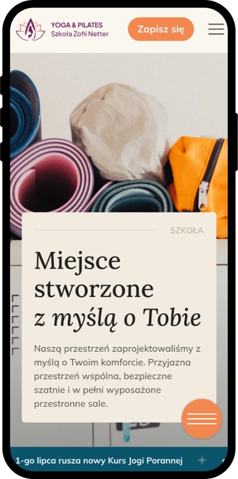Strona dla szkoły jogi — widok mobilny, sekcja hero