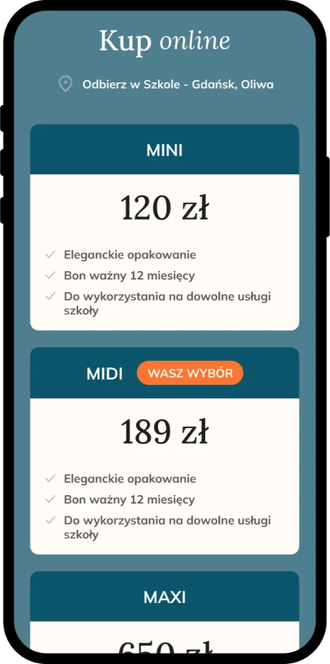 Strona dla szkoły jogi — widok mobilny, cennik