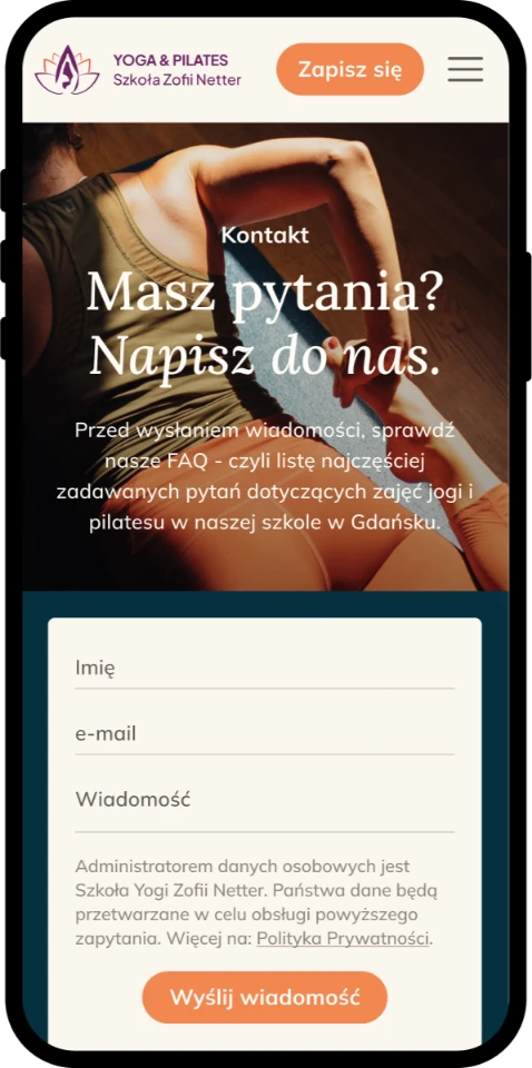 Strona dla szkoły jogi — widok mobilny, kontakt